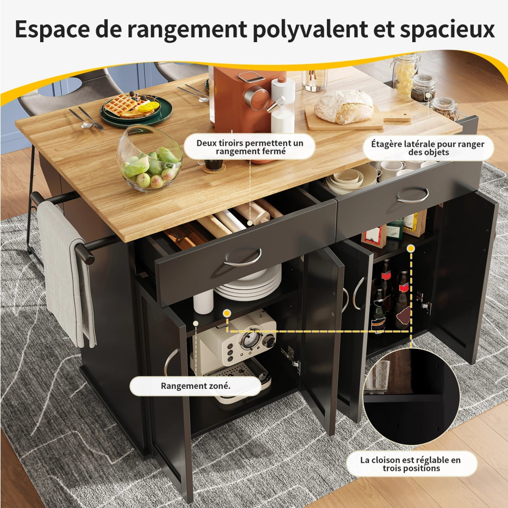 Carrello da Cucina con 2 Cassetti; Piano Ribaltabile; Ruote e Portasciugamani; 106 x 50 x 90.5 cm; Nero