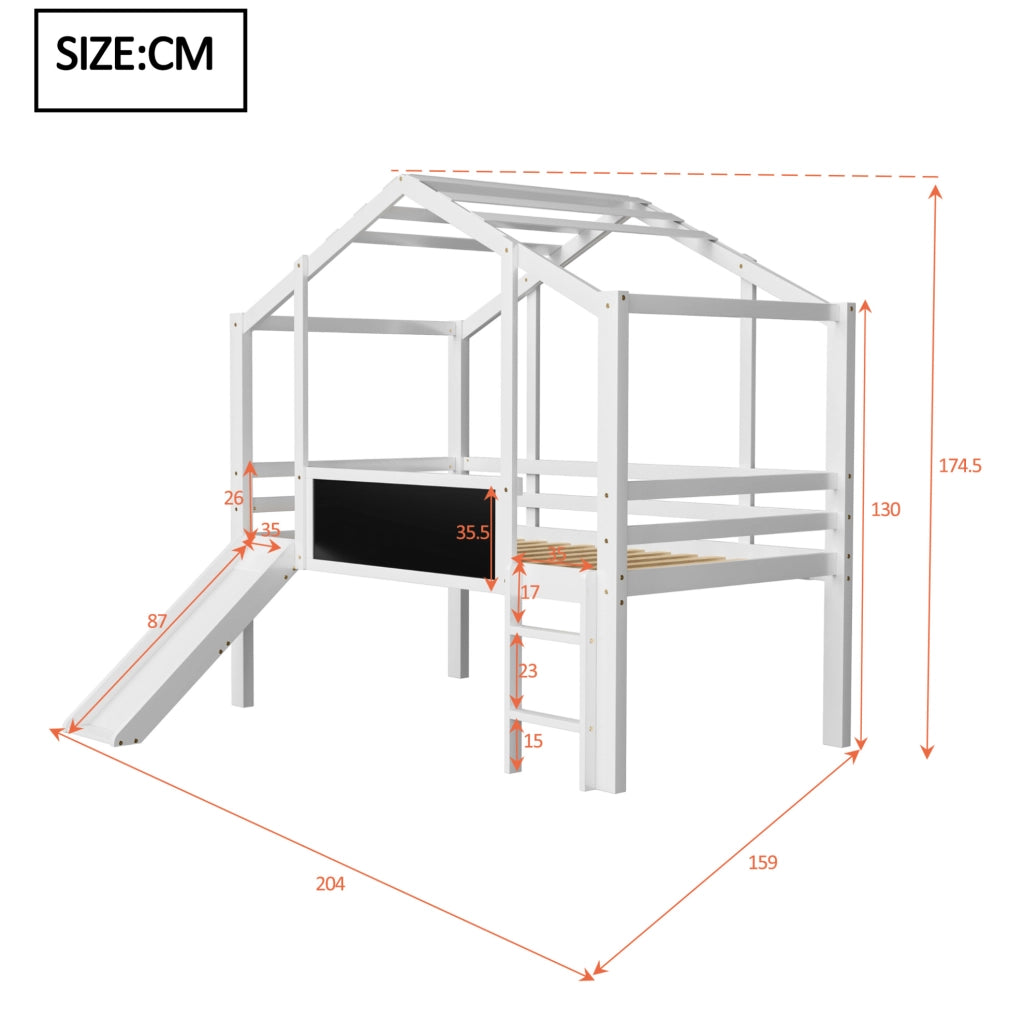 Letto a soppalco per bambini 90x200 cm con scivolo e lavagna