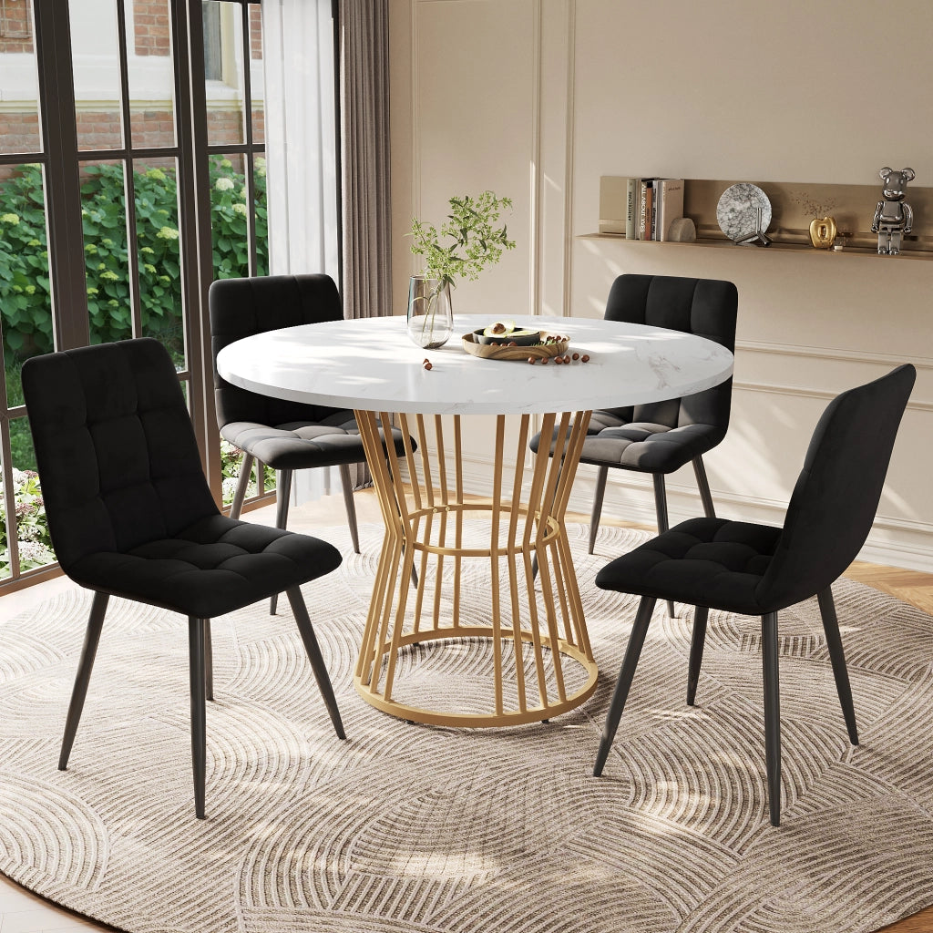 Tavolo da pranzo rotondo con 4 sedie, piano in MDF effetto marmo, per cucina e sala da pranzo, 100 × 75 cm