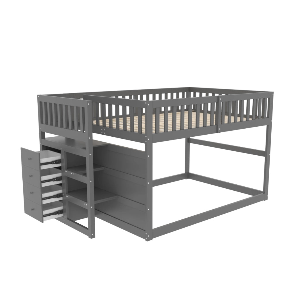 Letto a castello 140x200 cm con scala; 4 cassetti e sponda alta in legno grigio