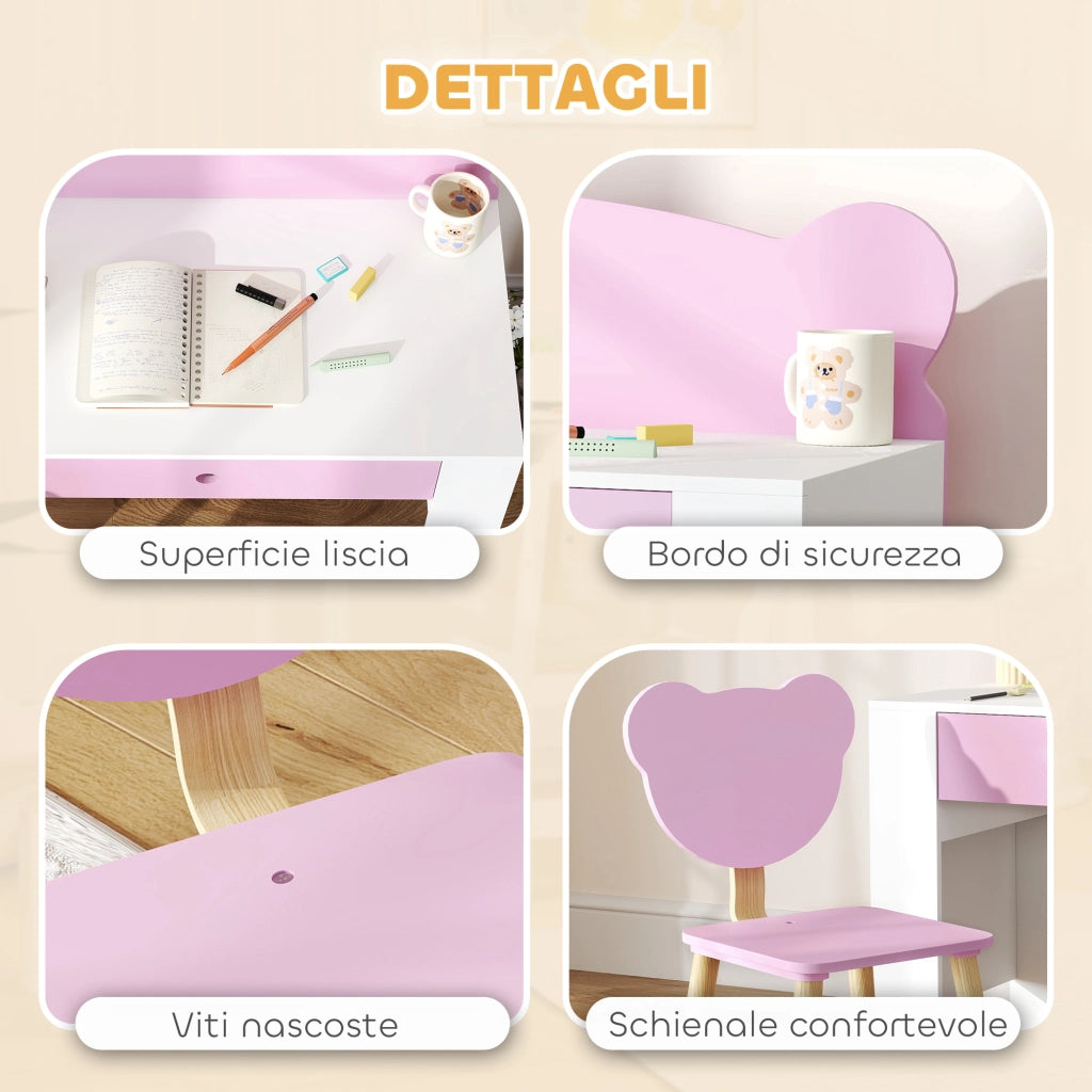 Set Scrivania per Bambini con Cassetto e Sedia con Schienale a Orsetto, Et¨¤ 3-8 Anni, Rosa