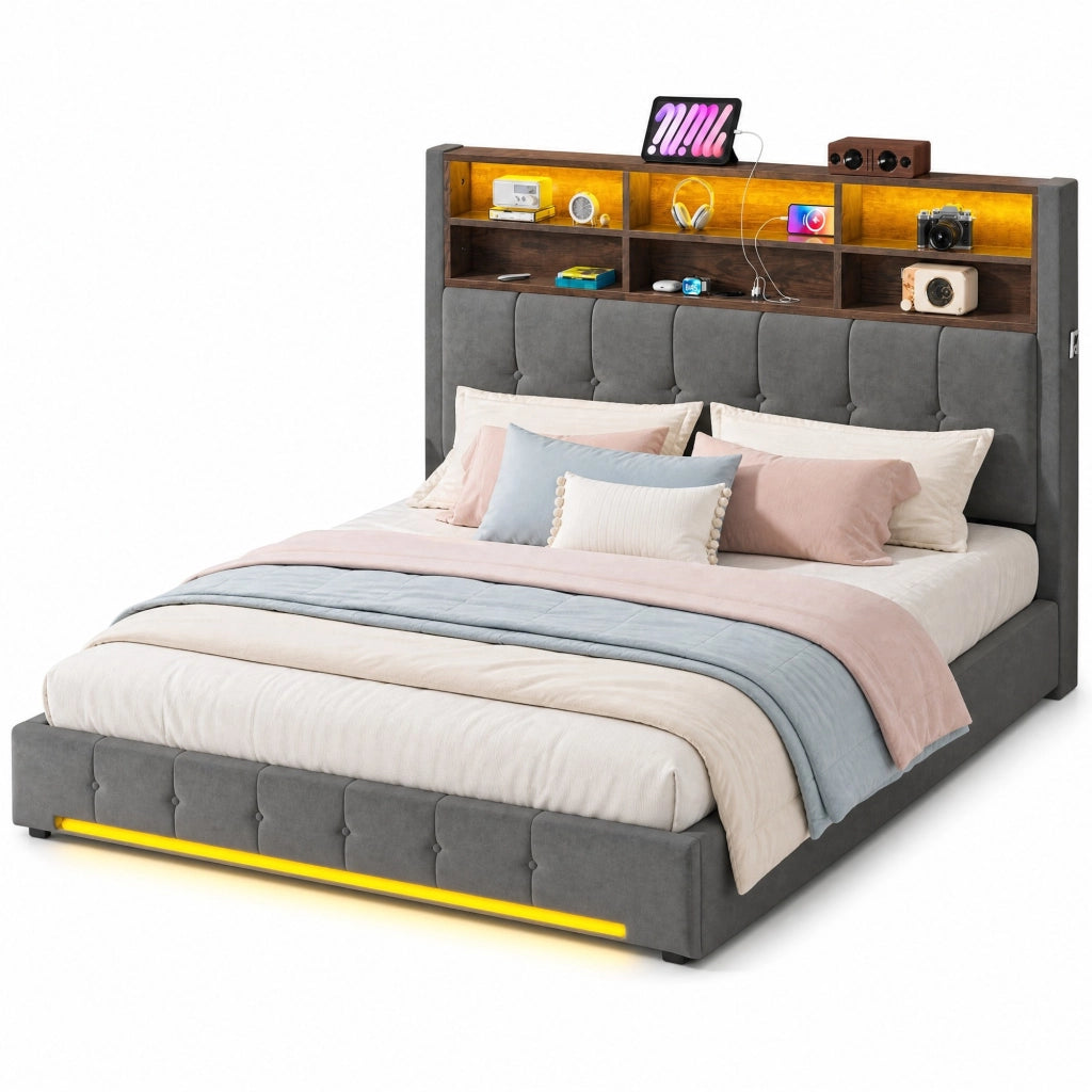 Letto Contenitore 180 x 200 cm con USB-C; LED e 6 Vani; Testiera Multifunzionale