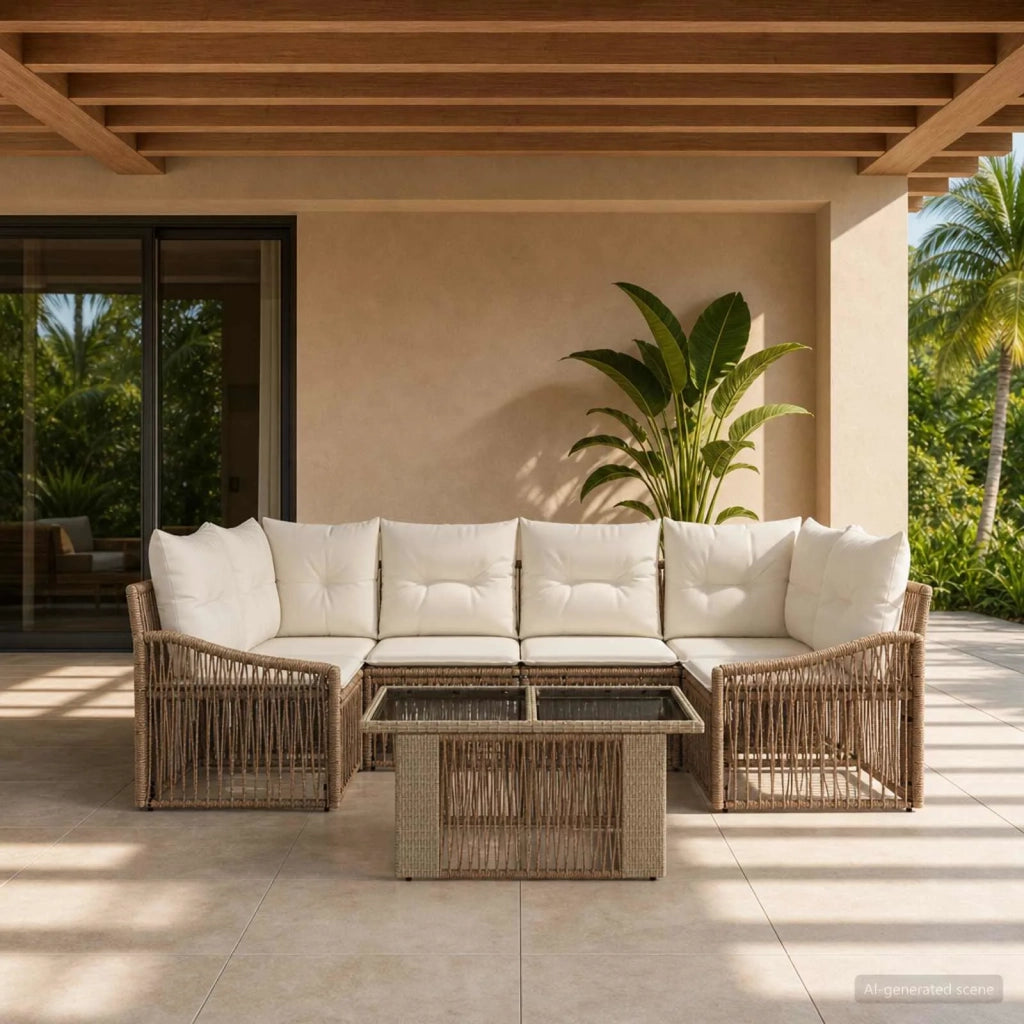 Set Divano da Giardino 7 pz Beige e Bianco Crema polyrattan 3437211