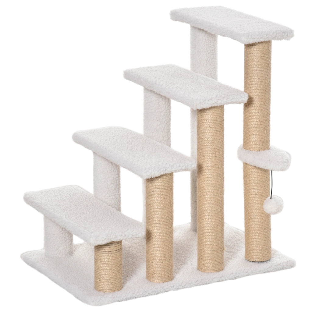 Tiragraffi per gatti a 4 livelli con scala per animali e pallina gioco in compensato e juta bianco 60 × 40 × 64 cm