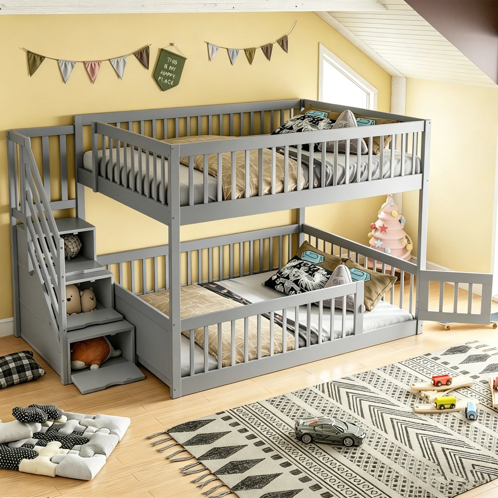 Letto a castello 140 × 200 cm con scala con cassetti e sportello inferiore, senza materasso, in legno massiccio, grigio