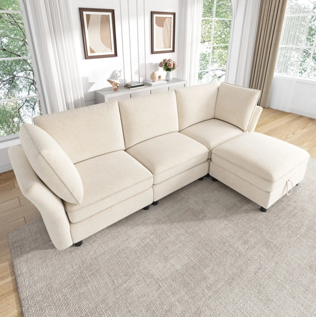 Divano angolare modulare 4 posti con pouf contenitore in ciniglia beige