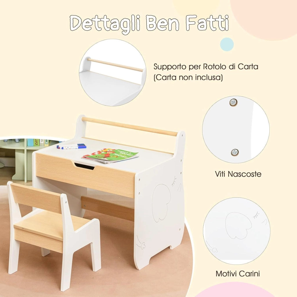 Set Tavolo e Sedia per Bambini 2 in 1, Set con Scrivania e Sedia in Legno per Bambini con Piano Rimovibile, Spazio di Archiviazione e Porta Rotolo di Carta per Aula e Cameretta (Bianco)