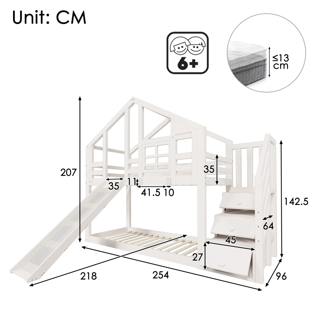 Letto a castello per bambini 90x200 cm in legno massello e MDF, bianco, con scivolo e contenitore