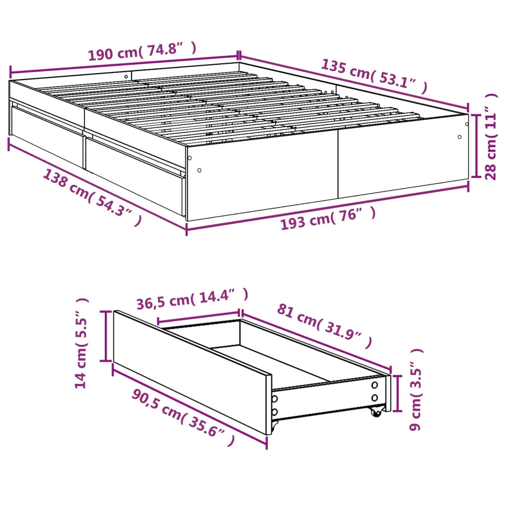 Giroletto con Cassetti Bianco 135x190 cm in Legno Multistrato 3280692