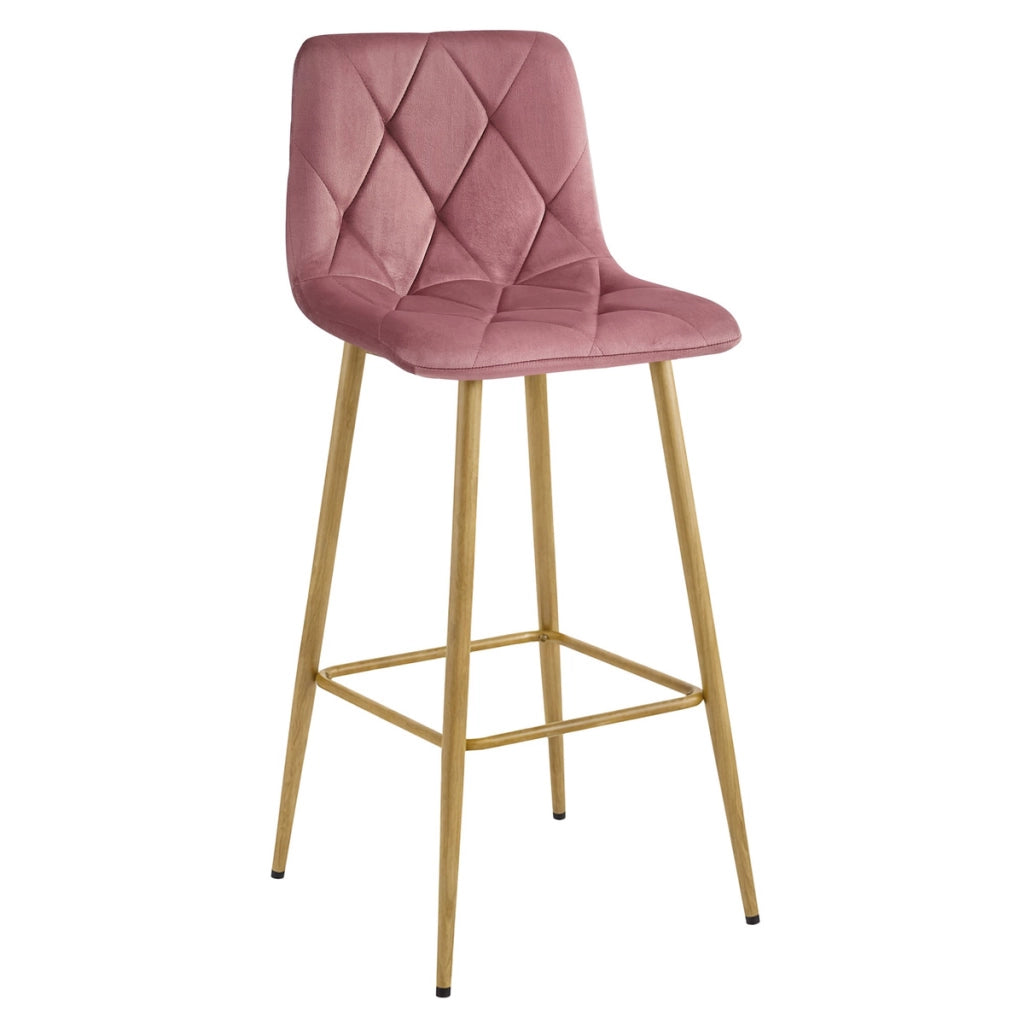 Sgabello alto Nado in velluto rosa antico con gambe effetto quercia