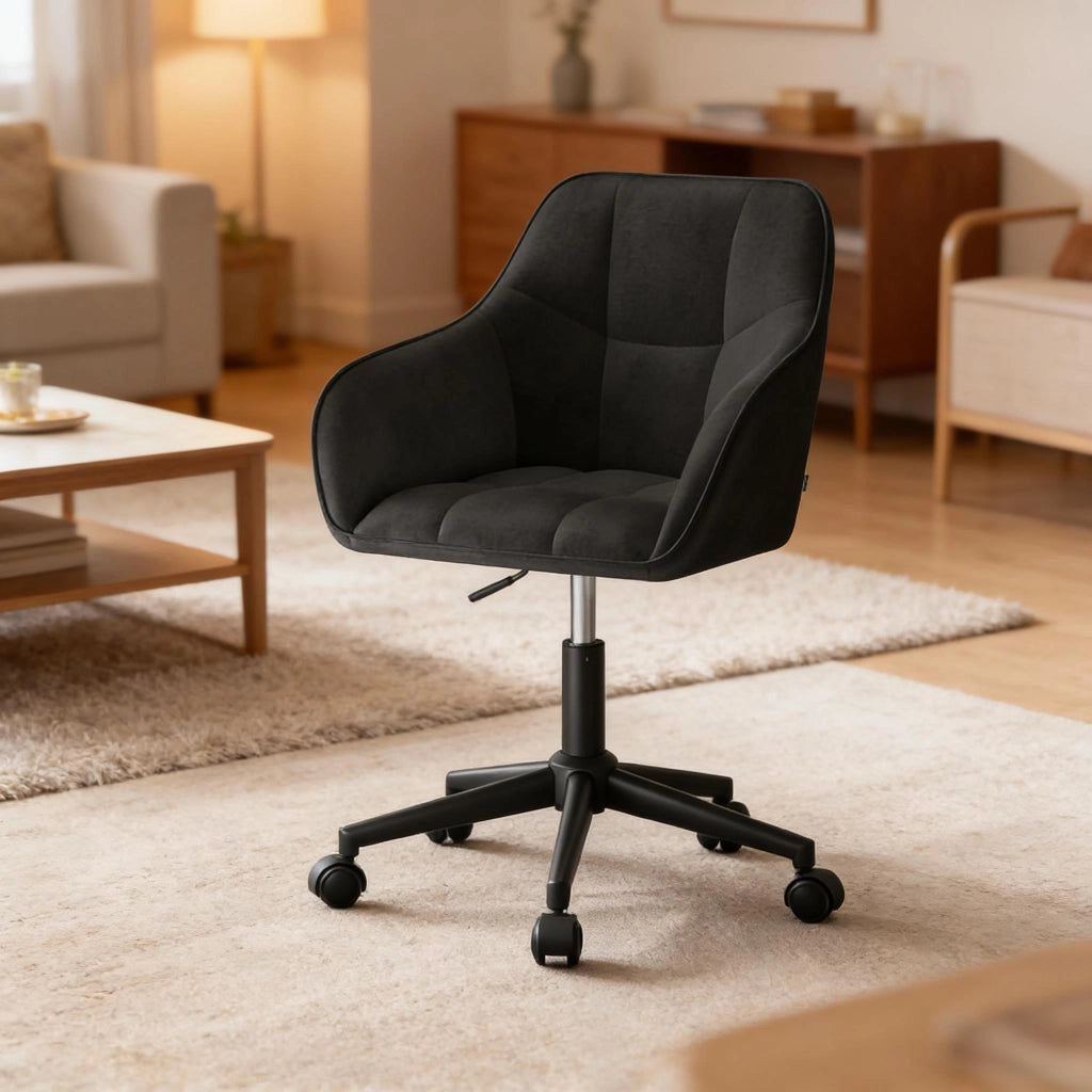 Sedia ergonomica girevole in velluto nero, altezza regolabile, base metallica a 5 razze, portata 150 kg