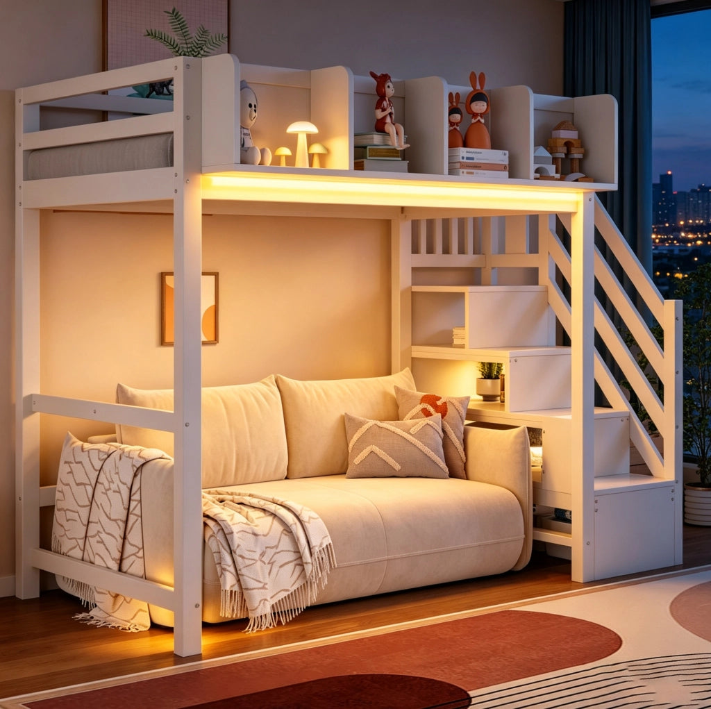 Letto a soppalco multifunzionale 90 x 200 cm in legno con LED; scala e vani portaoggetti; bianco