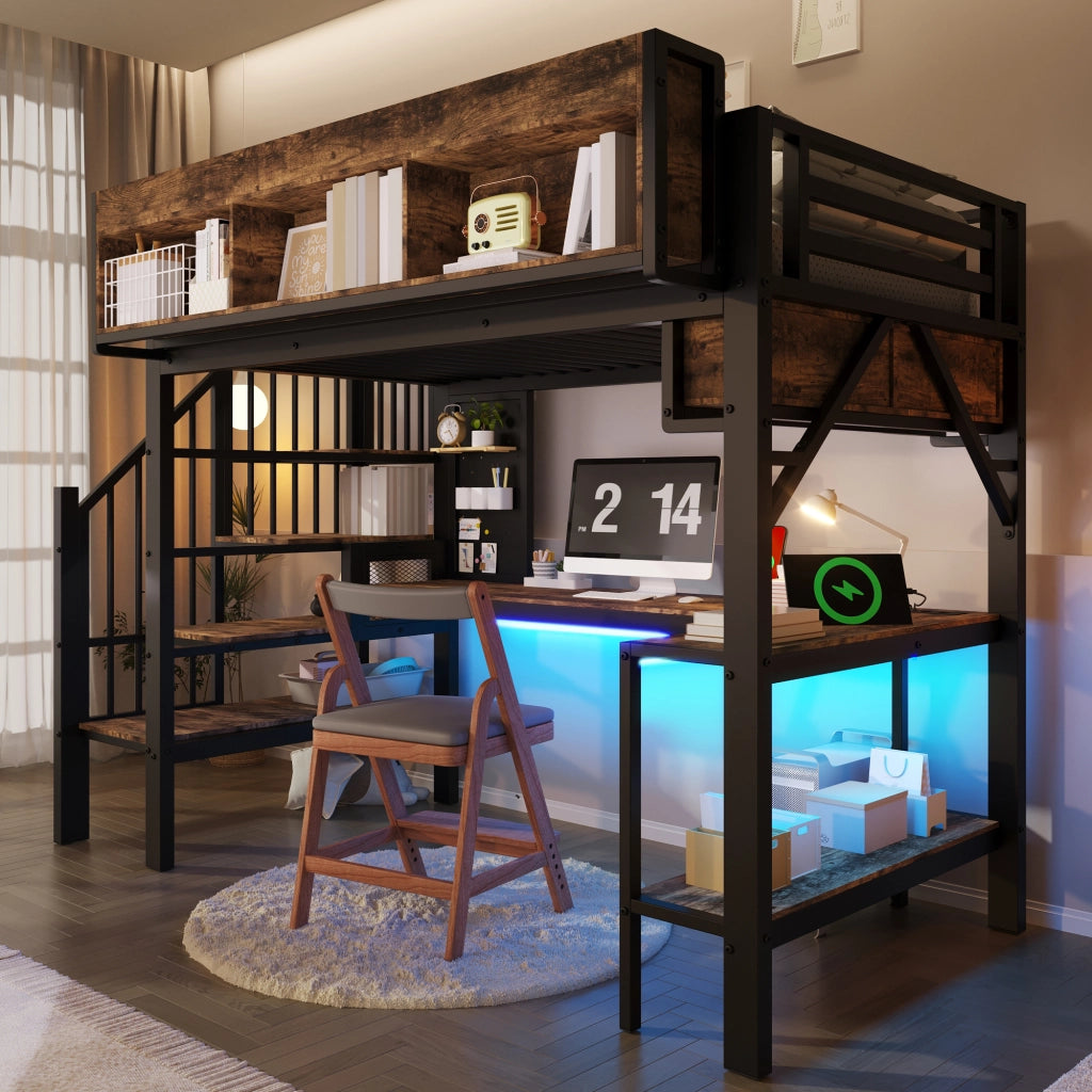 Letto a soppalco vintage con scrivania ad angolo, USB-C e LED, 90x200 cm