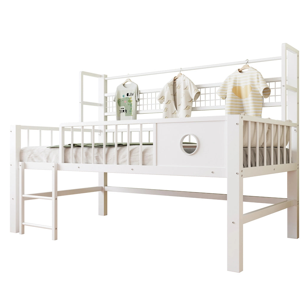 Letto a soppalco basso per bambini 90x200 cm in metallo con sponde di sicurezza e contenimento