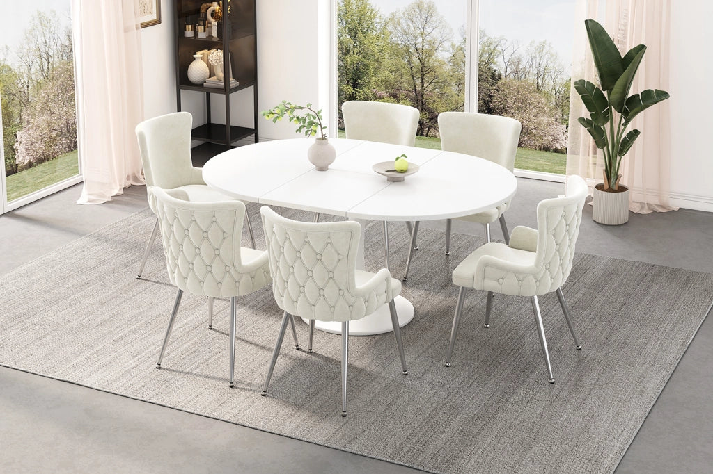 Set di 2 Sedie per Sala da Pranzo in Velluto Beige con Gambe in Metallo Argento