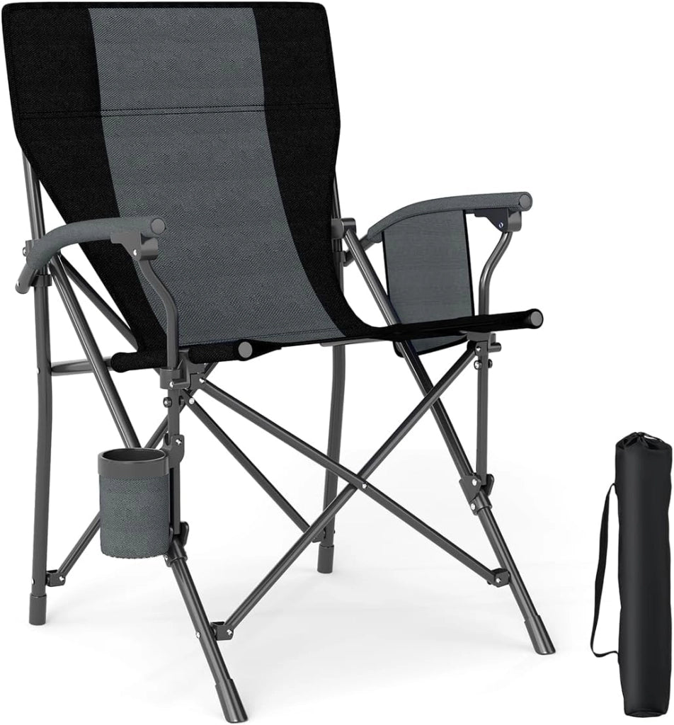 Sedia da Campeggio Portatile, Sedia da Esterno Pieghevole in Tessuto Oxford con Porta Bicchiere e Tasca Laterale, Seduta in Metallo Resistente con Sacca di Trasporto, Portata 160 kg (Nero,2)