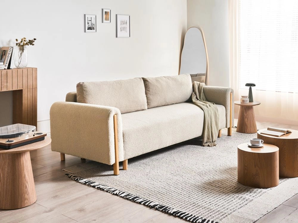 Divano letto in tessuto beige Rivestito con meccanismo Click-Clack Sleeper con contenitore Stile minimalista con braccioli