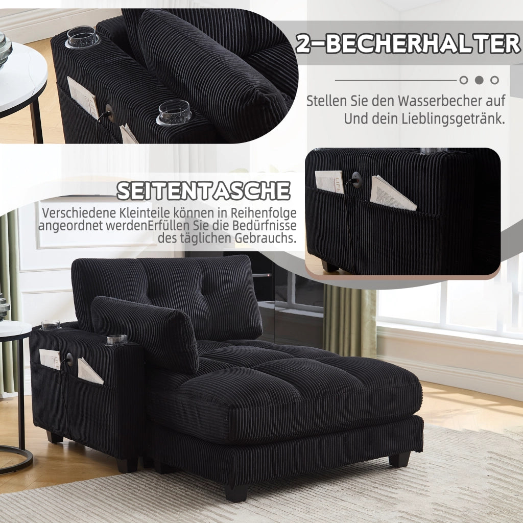 OKWISH Poltrona Relax con Porta USB, Portabicchieri, Tasca Laterale e Poggiatesta Regolabile, Velluto a Coste, Nero