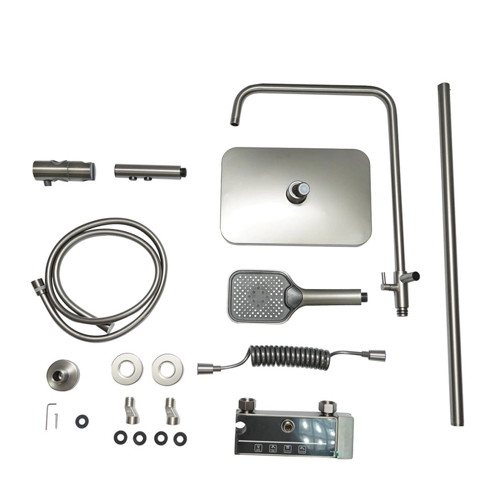 Set doccia multifunzionale con termostato, display digitale della temperatura dell’acqua, 4 funzioni di erogazione dell’acqua, bocca vasca, soffione doccia rettangolare, doccetta, doccia bidet, colore grigio.