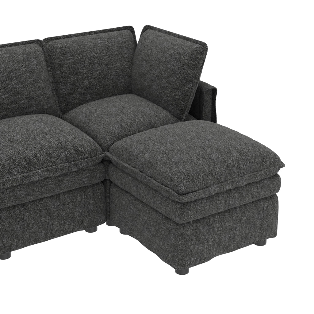 Divano modulare 6 posti in ciniglia grigio con pouf, 344 cm