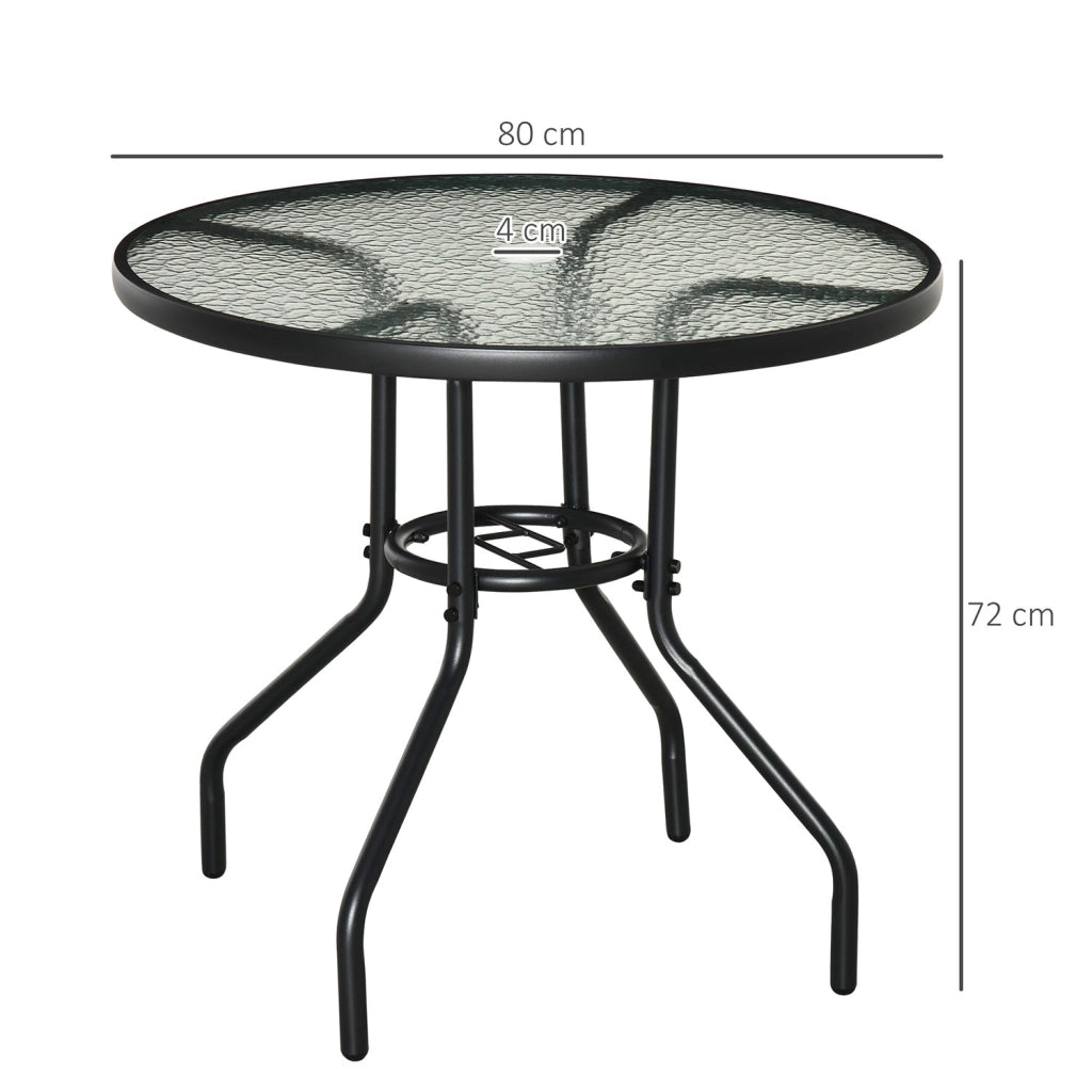 Tavolino da Giardino Ø80x72 cm Piano in Vetro con Foro in Metallo Nero