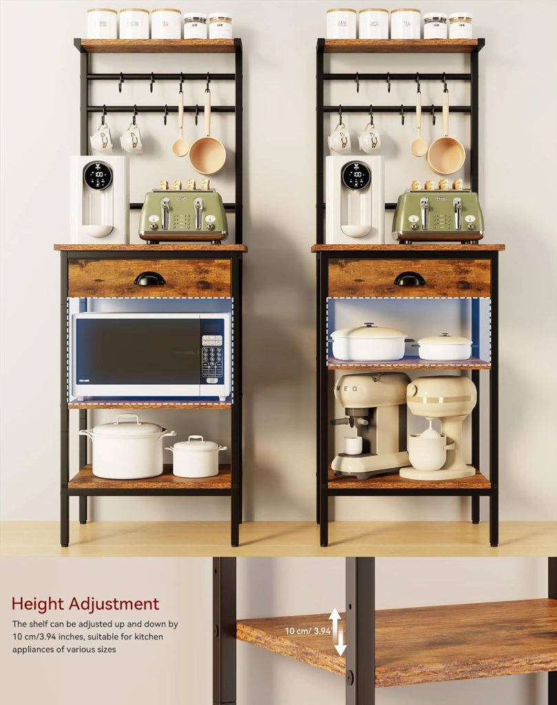 Scaffale da Cucina, Porta-caffè in legno a 5 livelli, Scaffale per macchina del caffè, Organizzatore di 12 ganci, Cassetti in tessuto, 33 x 43 x 134,5 cm, per Soggiorno, Ufficio, Marrone HBR009H