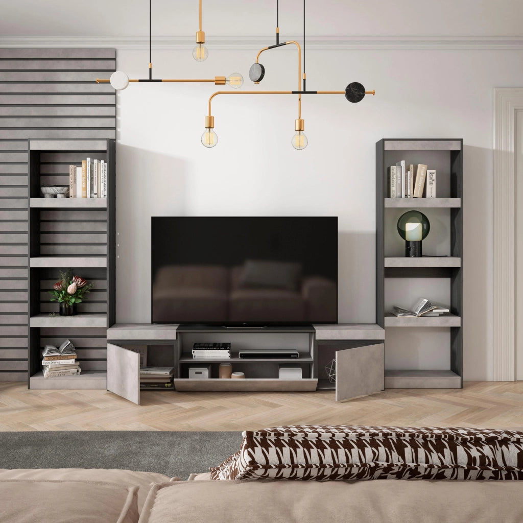 Mobile TV, Soggiorno, 320x35x186cm, Per TV fino a 80", Set di mobili, grigio cemento RF2606