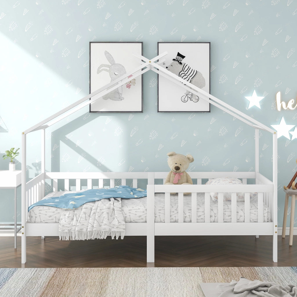 Letto Casetta 200 x 90 cm con Sponda e Rete a Doghe; in Legno Massello; Bianco