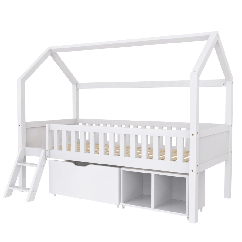Letto a castello bianco con cassetti e scomparti 200x90 cm in legno massello di pino