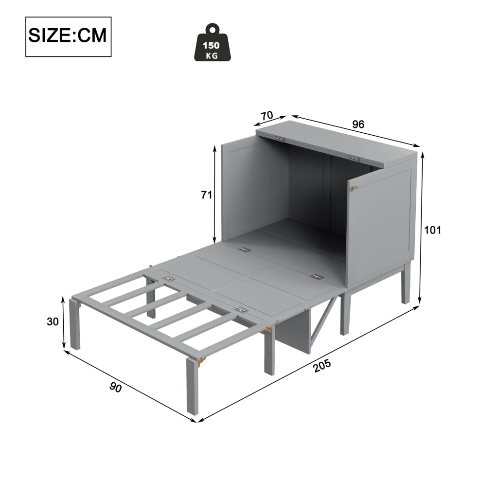 Letto a scomparsa verticale singolo 90×200 cm salvaspazio con rete; senza materasso; legno; grigio
