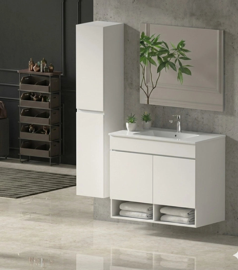 Mobile Bagno NEBARI Già Montato 2 portas, lavabo e specchio Bianco lucido 60x45 cm con colonna