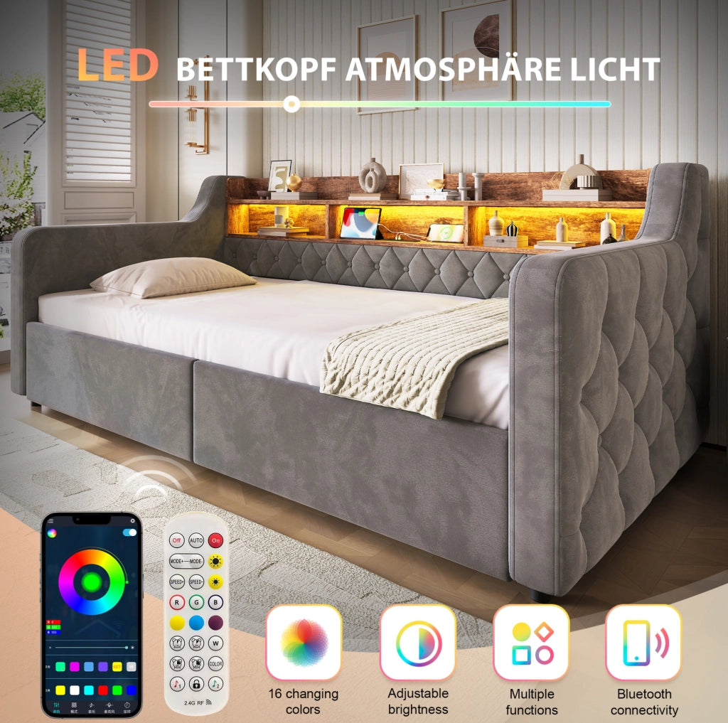 Letto singolo imbottito 90x190 cm con LED, ricarica e 2 cassetti