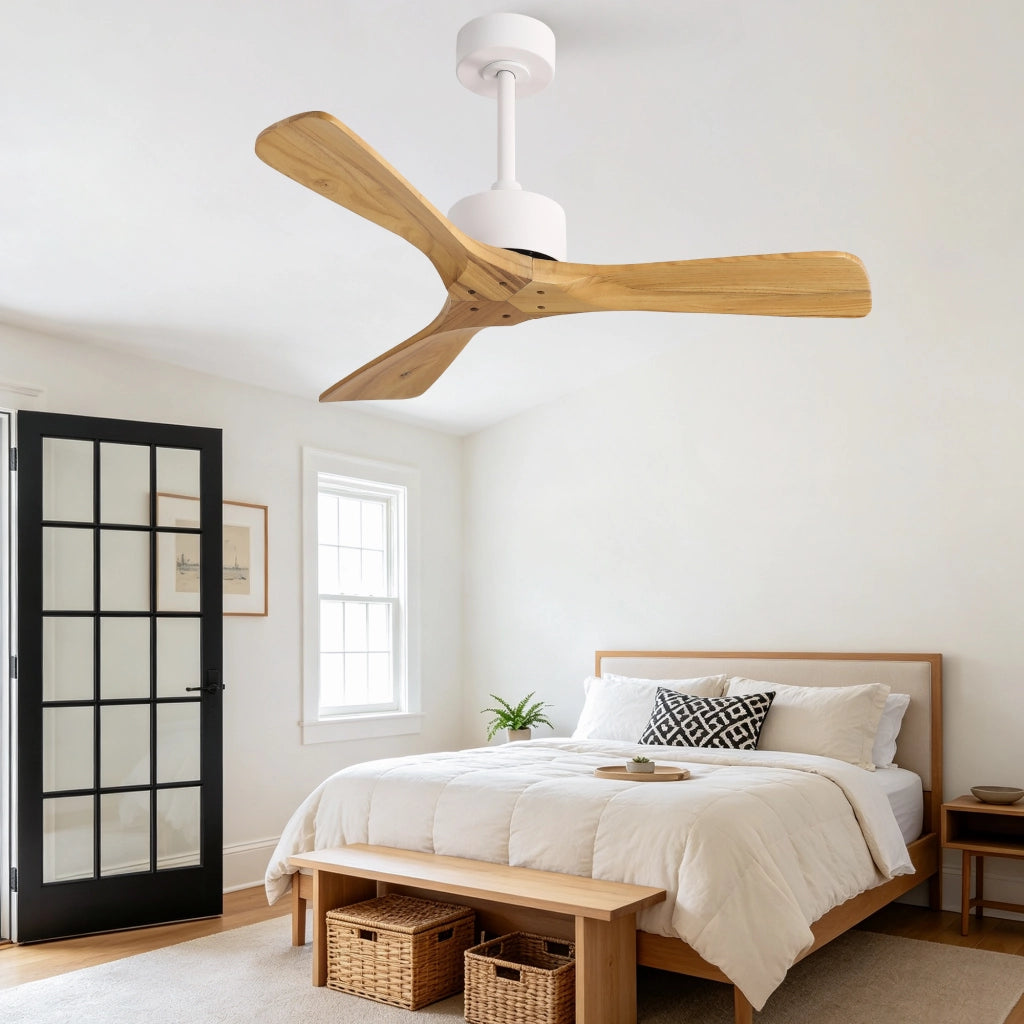 Ventilatore da soffitto moderno 42 pollici senza luce, 3 pale ad elica in legno massello naturale, motore DC reversibile silenzioso, design