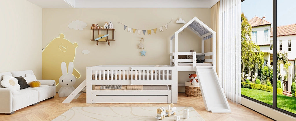Letto per bambini a casetta 90 × 200 cm con letto estraibile, scivolo, scala laterale e cassetti, senza materasso, bianco