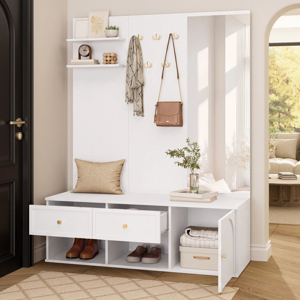 Set ingresso multifunzione con specchio, ripiani, cassetti e ganci, 120 x 35 x 159 cm, bianco