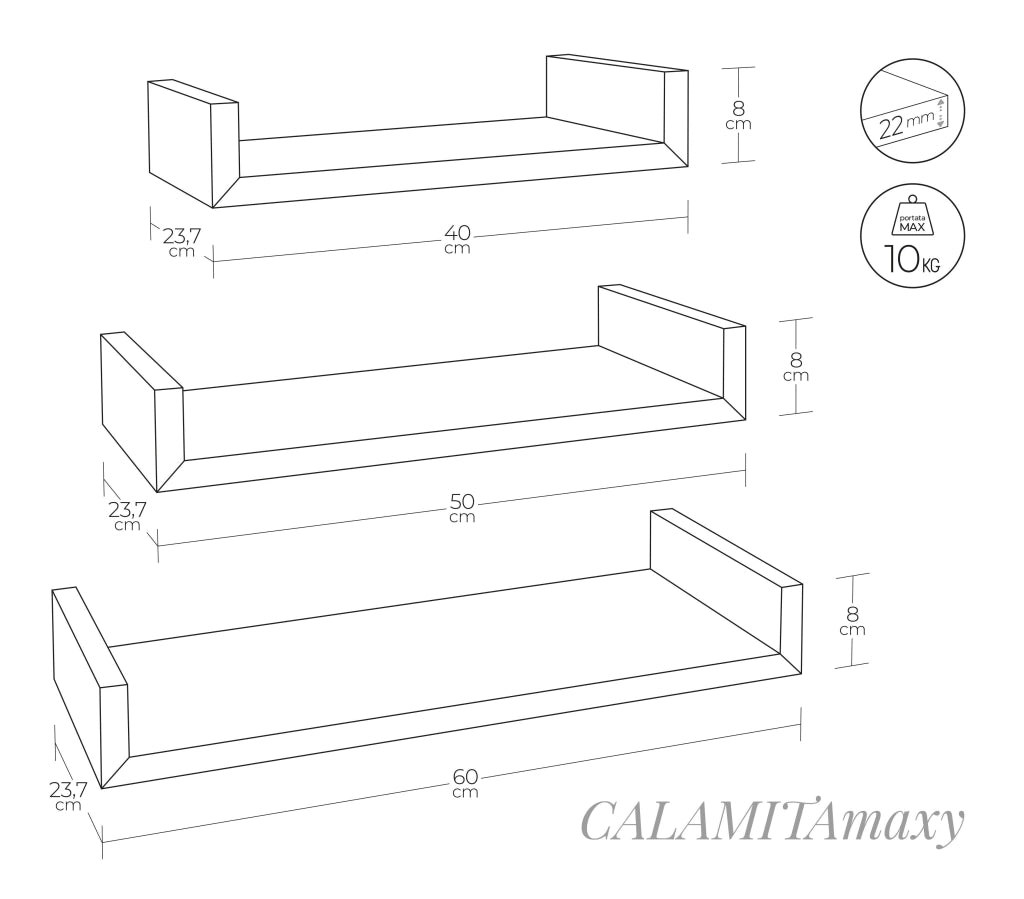 Set 3 Mensole da Parete 60-50-40x23,7x8 cm in Fibra di Legno Calamita Maxi  Rovere Scuro