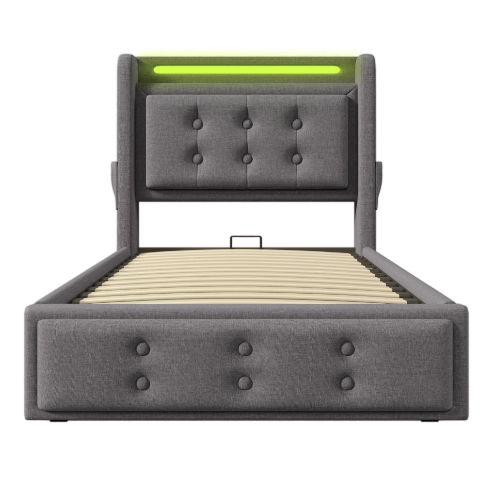 Polsterbett 90x200 mit USB-C; LED und Stauraum; Baumwoll-Leinen; Grau