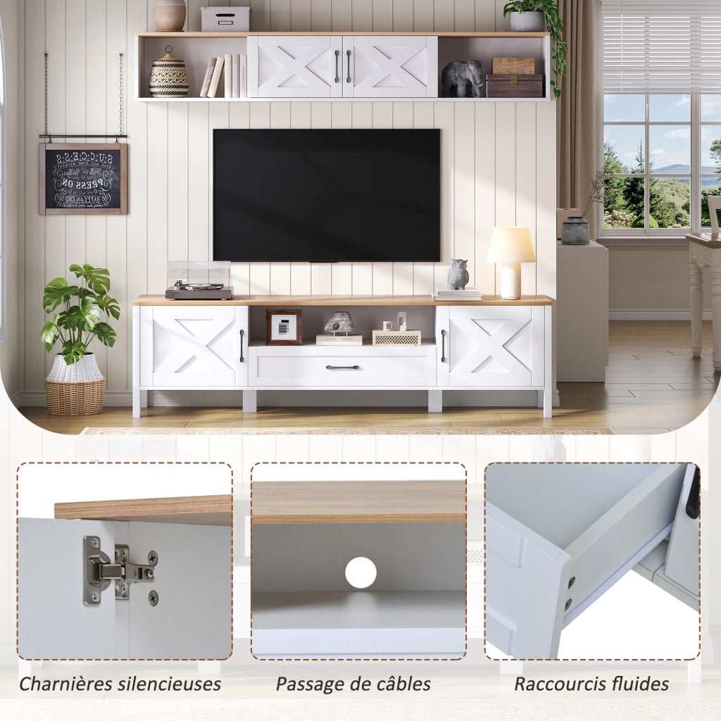 Mobile TV con 4 ante e 1 cassetto; vetrina pensile - per soggiorno - in MDF - bianco