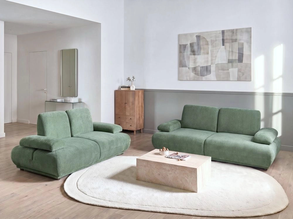 Set divano 3+2 posti rivestimento in tessuto verde chiaro gambe in legno schienale e braccioli regolabili arredamento per soggiorno