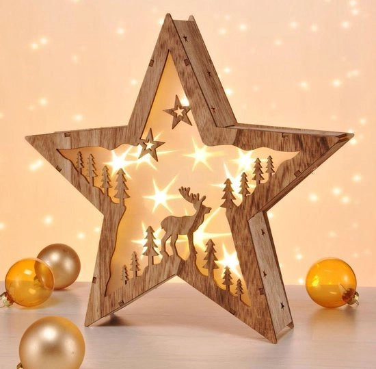 Decorazione di Natale in legno con lampada LED 30 cm - Renditore di Natale con illuminazione standard - Bianco caldo - Batterie - Decorazione di Natale