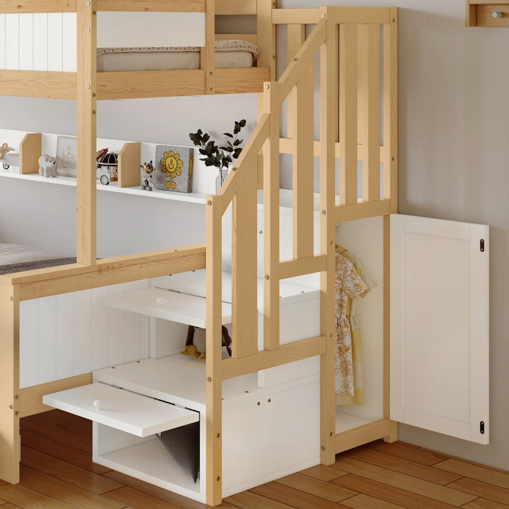 DESMIU Letto a castello per bambini 90 × 200 cm e 120 × 200 cm con letto estraibile, scala, armadio, senza materasso