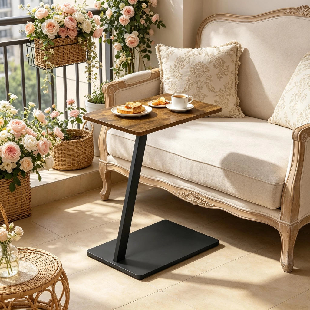 Tavolino basso a C con base in metallo, piano in MDF, salvaspazio per soggiorno e camera da letto, nero 48 × 64,5 × 33 cm