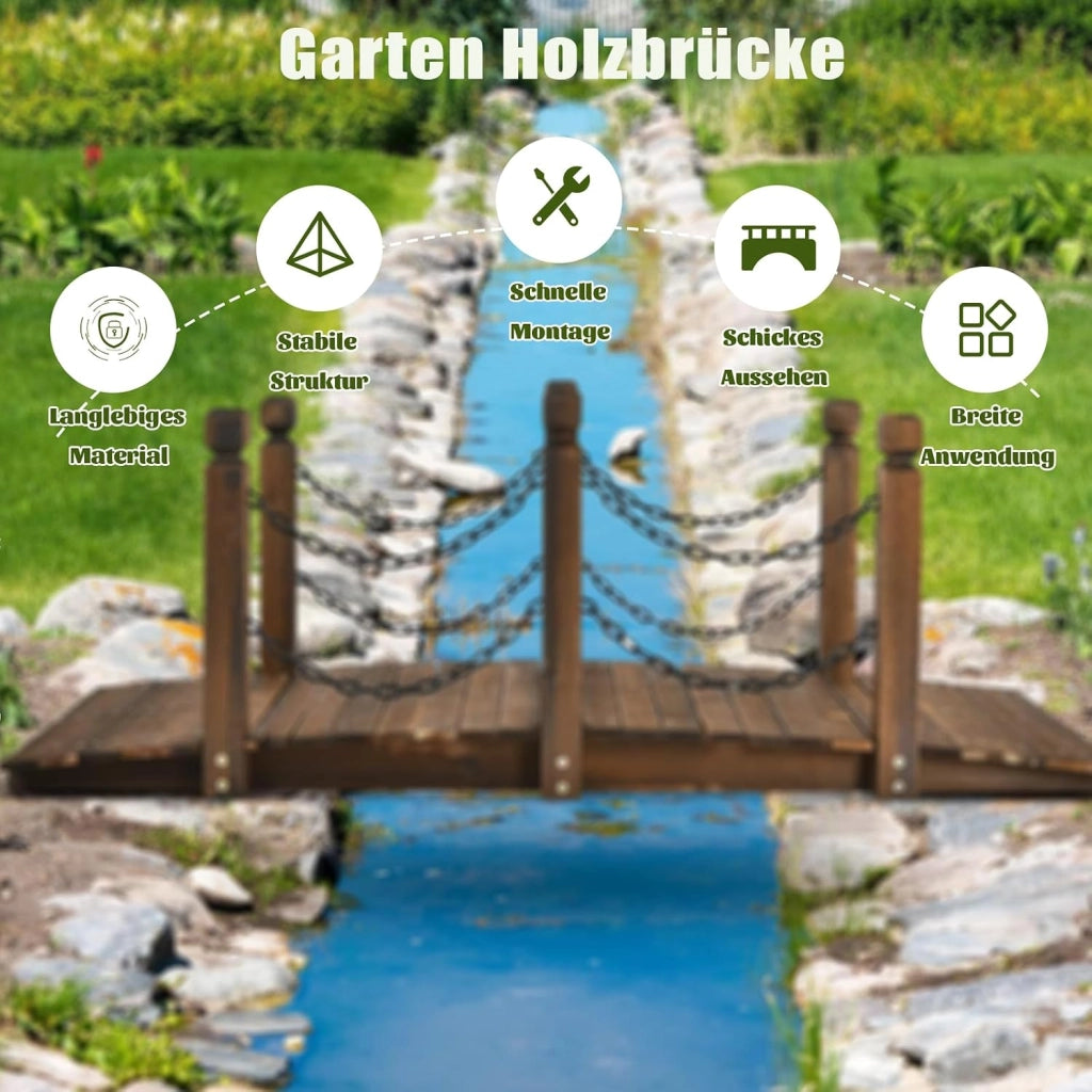 Ponte da Giardino in Legno di Abete Carbonizzato con Ringhiere di Catene, Ponticello Robusto Portata 180 kg, 150 x 67 x 55 cm, Marrone