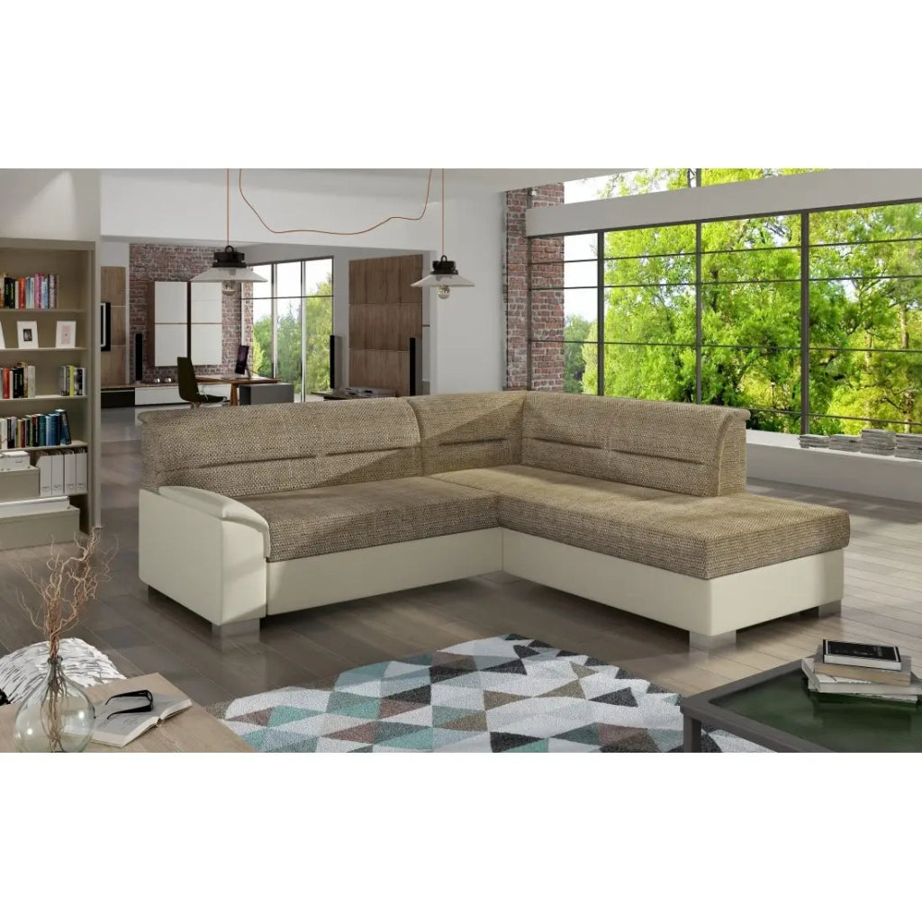 Divano angolare convertibile TROMSO beige e crema - Angolo destro con contenitore