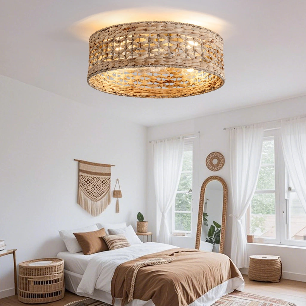 Ventilatore da soffitto con luce in stile rattan; controllo tramite app e telecomando; 6 velocità; rame