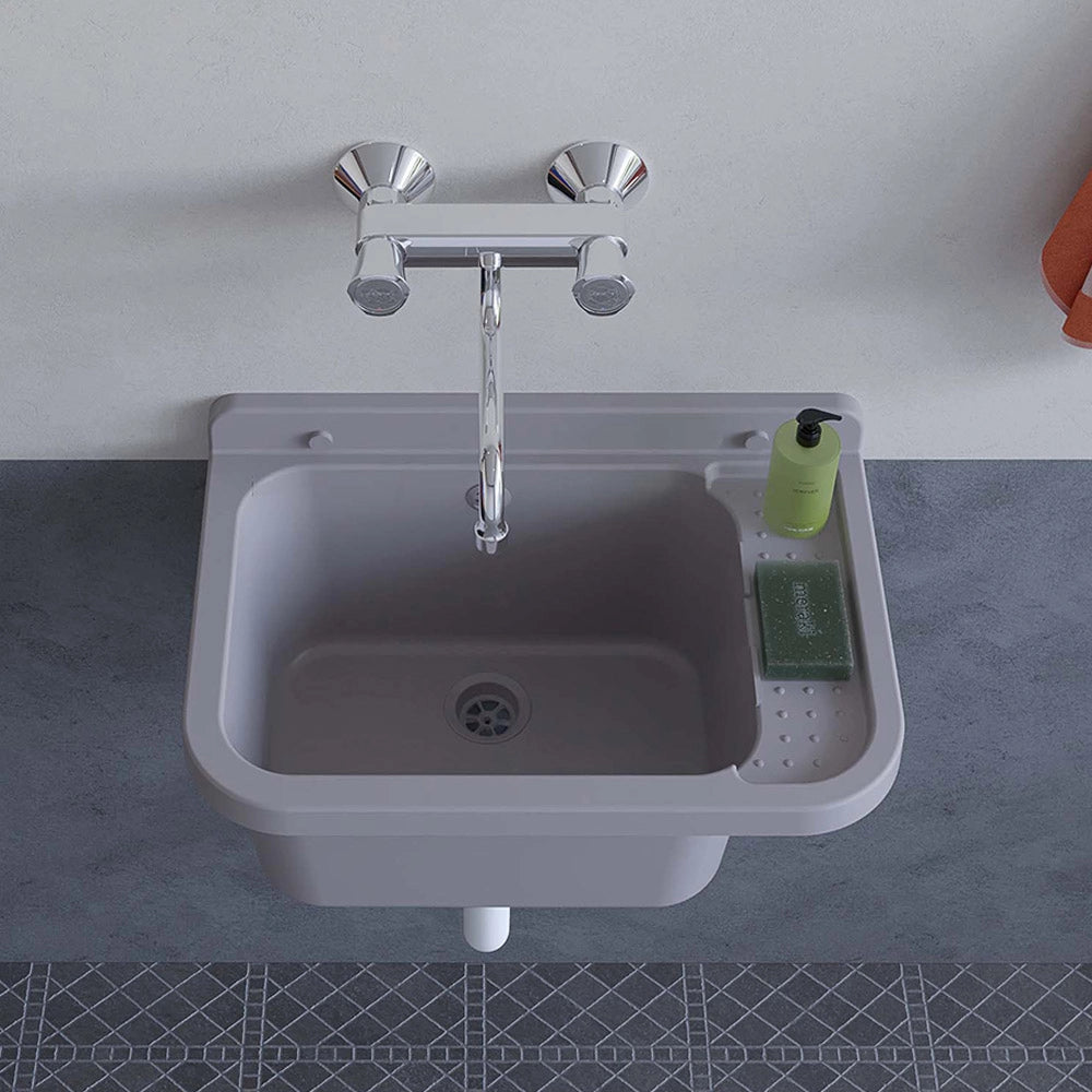 Lavatoio in resina 60x34 grigio con miscelatore a canna alta inox e scarico incluso