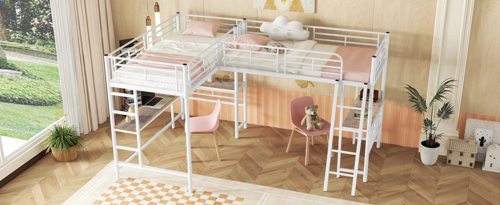 DESMIU Letto a Soppalco 1 Posto con Scrivania, Scala Doppia e Sponde Alte 90 × 200 cm, Senza Materasso, Bianco