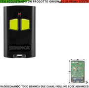 Radiocomando Bicanale Frequenza 433,92 MHz Portata Libera 60/100 MT TO.GO Codice Sicurezza Advanced Rolling Code 128 Bit Batteria 12 V 23A Contenitore ABS Nero Tasti Gialli Comando Automatismo Benincà