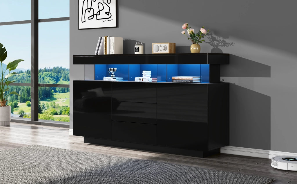Credenza moderna nera lucida 140 cm 3 cassetti mobile soggiorno con luci led