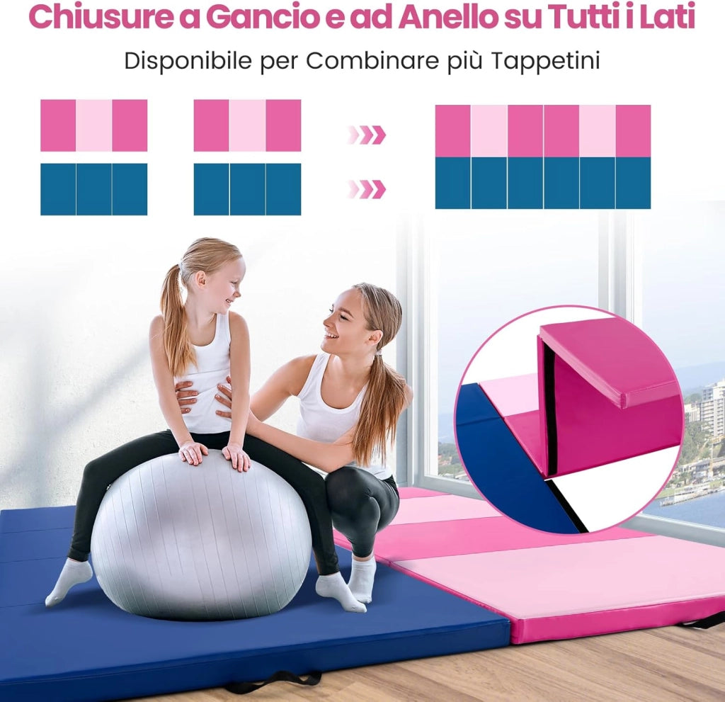 Tappetino per Ginnastica Pieghevole a 4 Pannelli con Maniglie, 300 x 117 x 5 CM, Tappetino in Ecopelle con Chiusure a Strappo per Ginnastica, Yoga, Stretching & Capriole（Rosa)